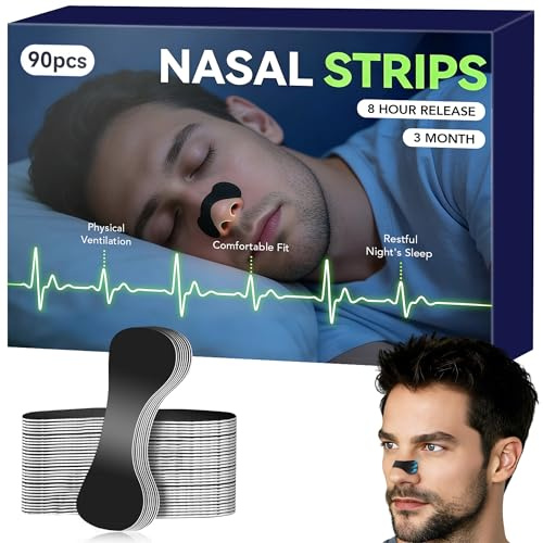 Nasal Strips 90 Pieces, Extra Strength Nose Strips for Breathing with Strong Adhesion, Anti Snoring Aids for Men & Women, Blocked Nose Relief, Drug-Free, Improves Sleep and Workout Performance