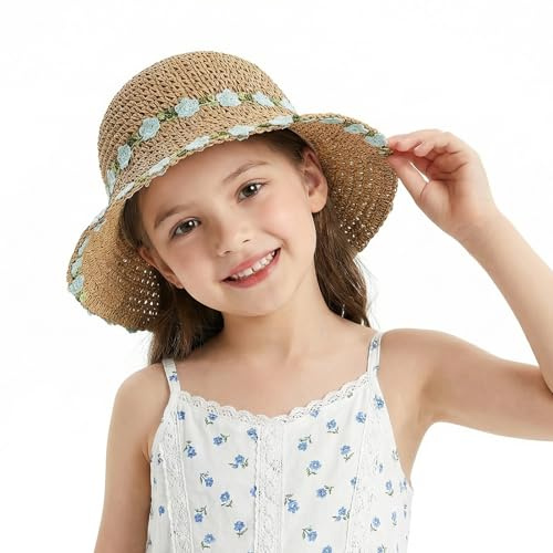 FakeFace Chapeau Paille pour Fille Chapeau de Soleil avec Décoration de Petites Fleurs Capeline en Paille Pliable pour Enfant 2-5 Ans pour Plage Voyage Randonée
