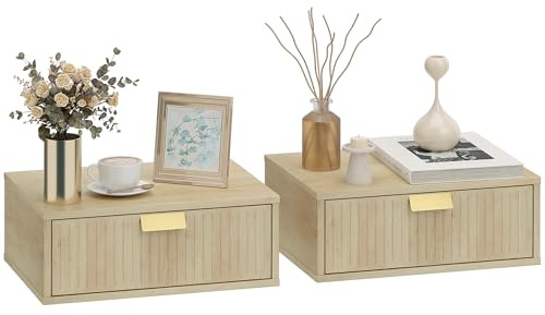 HOMCOM Modern Floating Nightstands Set of 2 40W x 30D x 15H cm Oak | Wall Mounted Bedside Tables, Fluted Drawer, Bedroom, Living Room