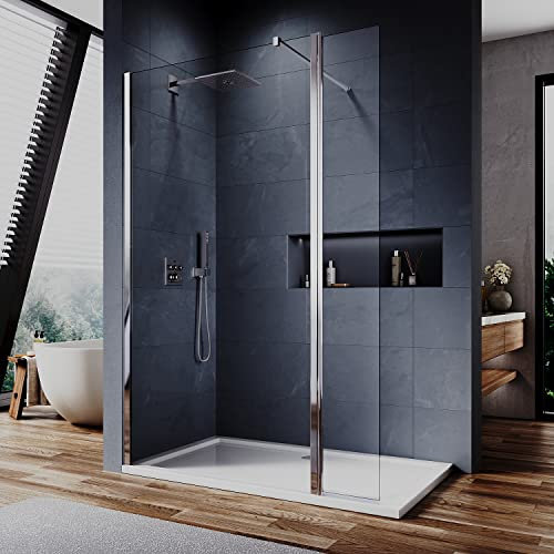 Elegant 700mm Walk in Shower Screen 6mm Tougheded Safety Wet Room with 300mm Flipper Panel,Aluminum Support bar Included