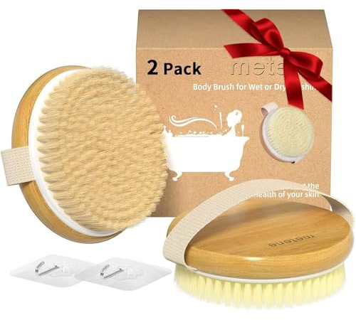 Metene 2 Pack Bamboo Dry Body Brushes, Shower Brush Wet and Dry Brushing, Dry Brush for Cellulite and Lymphatic, Body Scrubber with Soft and Stiff Bristles, Suitable for All Kinds of Skin