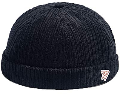 Mens Womens Brimless Hats Docker Cap Beanies Skullcap Retro Rolled Miki Hat 0072-Black