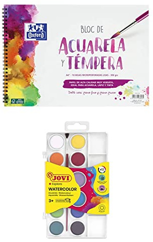 Pack dibujo acuarela: Bloc Oxford liso (A4+, 10 hojas, 300 gr) + Estuche acuarelas Jovi (12 colores)