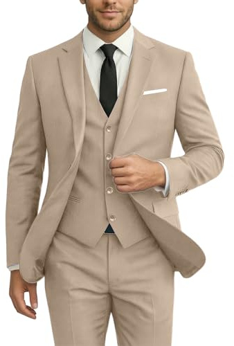 Men Suit 3 Piece Slim Fit Set Wedding Suits Groom Prom Suit Tuxedo Champagne Casual Solid Jacket 2 Button Blazer Vest Pants