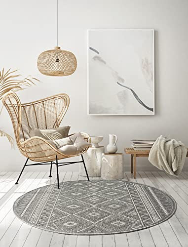 the carpet Calgary - robuster Outdoor Teppich, modern, Wetterfest & UV-beständig, für Balkon, Terrasse und Wintergarten, flach, auch für Küche oder Esszimmer, Grau-Raute, 120 cm Rund