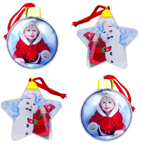 Palline di Natale Personalizzate con Foto – Set 4 Pezzi (2 Rotonde + 2 Stella) – Palline Trasparenti Apribili per Albero – Palla di Natale Personalizzata Decorativa