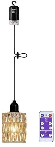 Hängelampe mit Batterie Hängeleuchte Batteriebetriebene Boho Rattan Lampenschirm Pendelleuchte Deckenlampe ohne Strom Wasserdicht Lampe für Keller Schlafzimmer Weihnachten Party Deko Geschenk