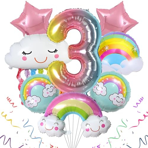 SPHERETRON Regnbåge födelsedagsdekoration flicka 3 år – regnbågsstjärnor, moln, ballonger och ballonger för flickor, födelsedagsdekoration | Ballonger moln tofsar, regnbågsmotiv med moln och stjärnor för pojkar och flickor födelsedagsfest dekoration