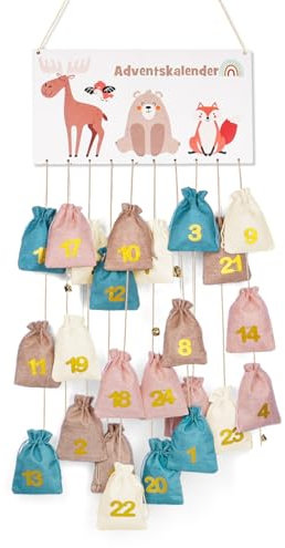 Humairc 2024 Adventskalender Holz mit 24 Jute Säckchen zum Befüllen Motiv Waldtiere Kinder Weihnachtskalender Wiederverwendbar