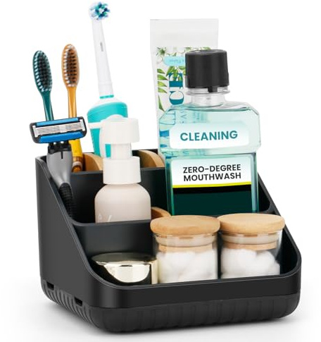 PARKMANI Porte Brosses à Dents Pour la Salle de Bain, Organiseur de Brosses à Dents Electrique, Porte Brosses à Dents et Porte Dentifrice à 6 Fentes Pour Les Enfants et la Famille (Black)