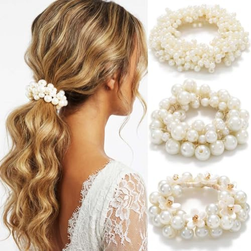 Reaky 3 coleteros para el pelo con perlas y diamantes de imitación, coleteros elásticos con cuentas para el cabello, accesorios para el cabello para mujer (A)