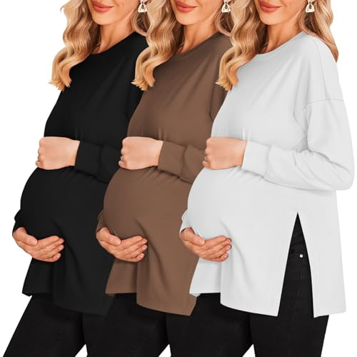 Ekouaer Women Pregnancy Shirt 3 Packs Maternity T Shirts Long Sleeve Casual Pregnant Blouses Top Black/Brown/White XXL