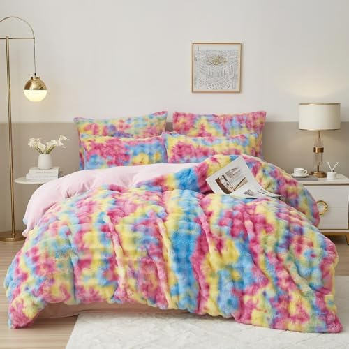 Luofanfei Winter Plüsch Bettwäsche 135 x 200 Regenbogen Warme Kuschelig Flauschig Flanell Bunte Bettwäsche Set Winterbettwäsche Microfaser Fleece Bettbezug und Kissenbezug 80x80 mit Reißverschluss