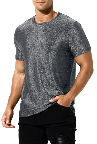 Casey Kevin Camisetas Lentejuelas Hombre Camiseta Brillante Manga Corta Metálica Shirt Top Rock Fiesta Traje