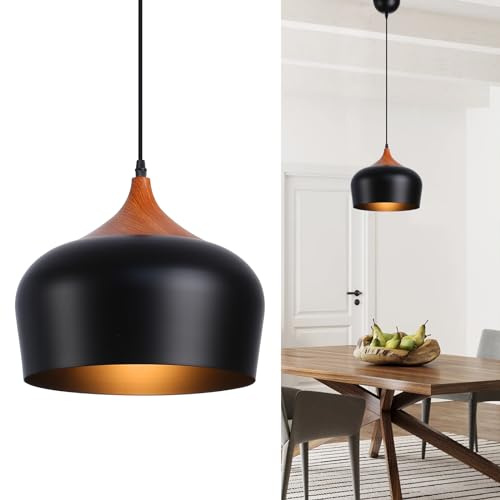 Alpinaluz Lámpara Colgante Moderna – Pantalla de Acero Negro Mate Ø35 cm con Acabado en Efecto Madera – Casquillo E27 – Iluminación Elegante para Cocina, Comedor y Salón