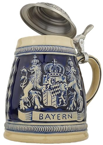 EVERSTYLE Boccale da birra con coperchio, 0,6 l, classica boccale in pietra bavarese con stemma in rilievo, ideale per la casa, come decorazione e da collezione, regalo per uomini, amanti della birra