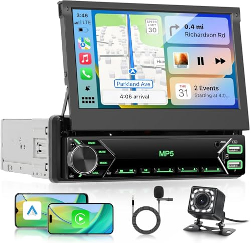 VECHTEL Radio Coche Bluetooth con Carplay Android Auto Inalámbrico, Autoradio 1 DIN con Volteo Manual Pantalla Táctil de IPS HD 7 Pulgadas Soporte Bluetooth Mirror Link Radio FM 2USB/Tipo-C Cámara