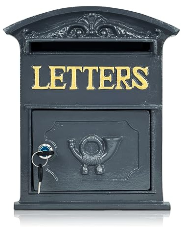 Linton Arts Cast Iron Mailbox Wall Mount – Vintage Mailboxes for Outside with Lock, Rustproof Mail Boxes for House Outside, Decorative Letter Box for Gate, Fence or Porch (9.13x12.2x3.32)