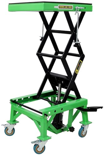 Hydraulic Motorcycle Jack Lift 350lbs - ATV/Dirt Bike Scissor Stand with Locking Wheels, Safety Pin & J-Hook, Green