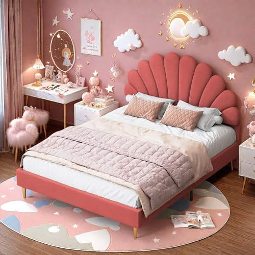 Dormely Lit Enfant Fille 140x200 avec Tête de lit Florale, Cadre de Lit avec sommier à Lattes, Capitonné pour Adultes et Adolescents, Bordeaux Tissu en Velours, sans Matelas