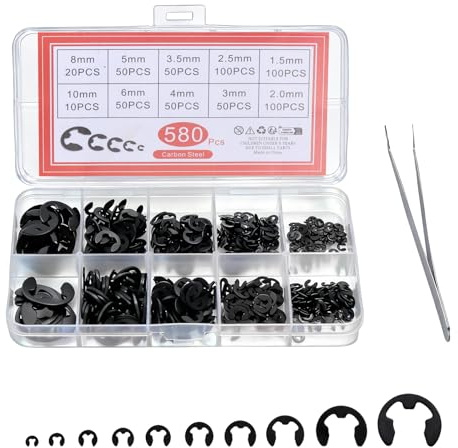 Set di 580 anelli elastici E-Clips M1.5-M10 E-clip, anelli di sicurezza, in acciaio al carbonio, assortimento per alberi, cuscinetti, ingranaggi, dischi di sicurezza interni ed esterni, anelli a molla