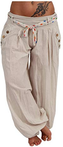 Italy Moda Haremshose Aladinhose Pumphosen Sommerhose Hose Strandhose Blume Gürtel (XS-L, Beige Uni)