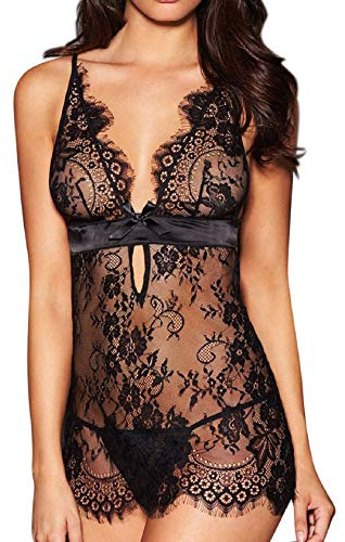 Tuopuda Babydoll Lingerie Donna con String Perizoma Sexy Trasparente Camicia da Notte in Pizzo Pigiama Vestaglia Lace Intima da Notte per La Notte di Nozze, Vacanze in Luna di Miele, Nero, S-M