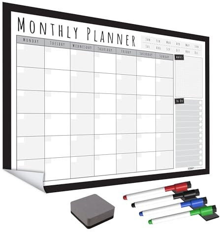 WallTAC A2 månatlig väggplaneringsklistermärke med whiteboardpennor | Tillverkad i Storbritannien | Lätt att ta bort kalender med återanvändbart lim | Måltidsplanerare eller att göra-lista för hem och