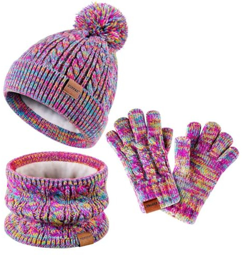 Kids Winter Hat Gloves Scarf Set,Girls Hats Beanie with Pom Knit Neck Warmer Gaiter Mittens Fleece Lined,Girls Accessories Cold Weather Set for Toddler Children Boys（Rainbow Mix）