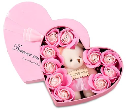 BSNRDX Artificial Rose Box Teddy Bear with Rose Gift Box Soap Flower Fake Flower Gift Box Forever Rose Gifts Romantic Gift for Christmas New Year Mother's Day Valentine's Day