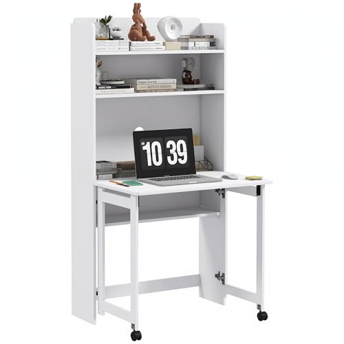 HOMCOM Bureau Informatique avec étagères de Rangement Bureau d'ordinateur avec Plateau Rabattable et 2 roulettes pour Chambre Salon et Maison 80 x 69 x 155 cm Blanc