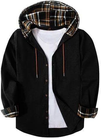 SwissWell Camisas de Franela para Hombre Camisa Casual de Manga Larga con Capucha Camisa de Leñador a Cuadros con Botón y Bolsillo