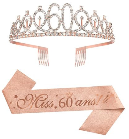 (2 pcs) Couronne 60 Ans Anniversaire Echarpe 60 Ans Diadème Tiare de Couronne 60 Ans Or Rose Écharpe Happy 60th Birthday Décoration Ensemble d'anniversaire 60 Femmes