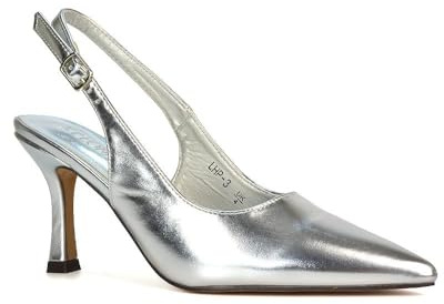 Women's Court Shoes Slingback Ladies Spointed Toe Evening Party Classic Stiletto High Heel Silver Metallic Closed Toe Pumps Size 8