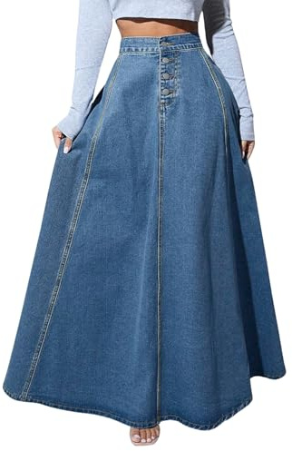 ebossy Women's Retro High Waisted Button Fly Flared Long Jean Skirts Pleated Flowy Swing A-line Denim Maxi Skirts (L, Blue)