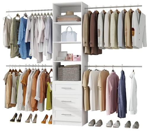 secilix Closet System, 5FT-9FT Closet Organizer System with 4 Expandable Hanging Rods and Moveable Shelves, 115 Walk in Closet System with 3 Wooden Drawers, Custom Built in Closet, Wall Mount