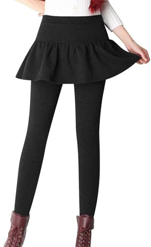 Damen-Leggings mit hoher Taille, Fleece-gefütterte Hose, gefütterter Skortrock und Leggings, volle Länge, modisch, Streetwear, Alltag, Asche, Herbst, Winter, mit Fleece gefüttert, Schwarz , 5XL