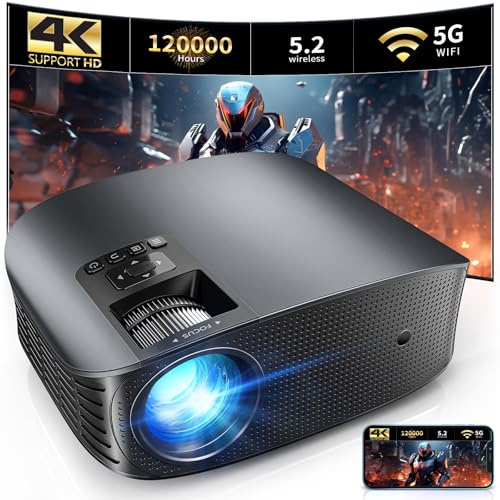 4K-projektor med WiFi och trådlöst stöd, FHD 1080P miniprojektor, 5G videoprojektor, hemmabio Dolby Audio Zoom bärbar projektor, TV-dongel PPT