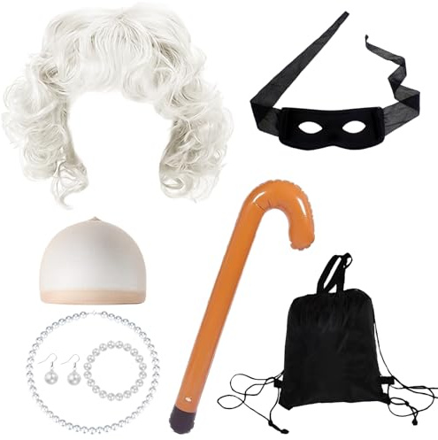 JSTHHTT 9 StüCk Grand-MèRe Perruque Kit De Deguisement, Voleuse Accessoires Set De Perruque, Grand-MèRe Cosplay Accessoires Set Perruque Wig Cap Pearl Collier pour Halloween Carnaval Party Disguise
