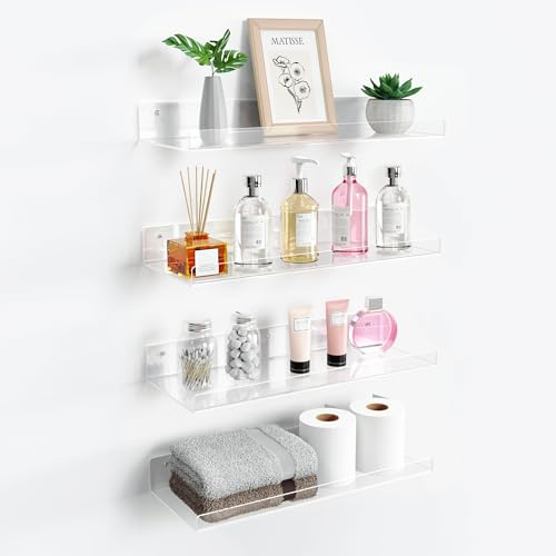 upsimples 4 Pack 15x6 Inches Acrylic Bathroom Shelves for Wall, Floating Bathroom Shelves Over Toilet, Storage Shelf for Toilet Paper, Towels and Toiletries, Clear