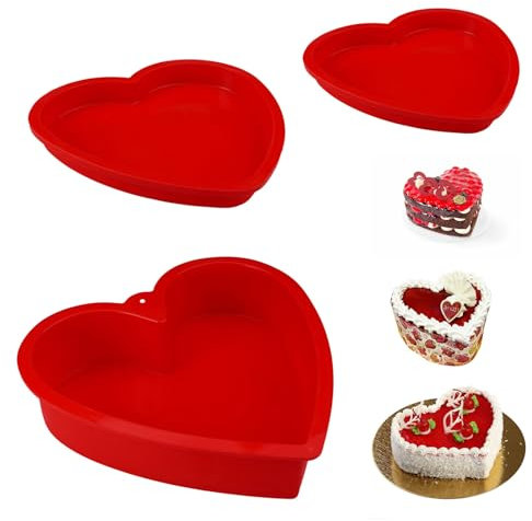 3 Pezzi Silicone Tortiera Forma di Cuore, Rosso Stampi Cuore Silicone Cotti, Antiaderente Backform Herz, Mattoncino in Siliconee per Dolci Ricurvi Adatto per Preparazione di Torte, Budini, Strati
