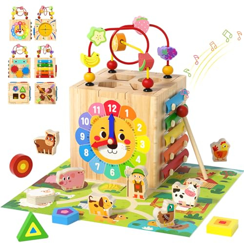 XIAPIA Cube d'Activités Montessori 7-en-1, Jouet d'Éveil en Bois pour Bébé dès 1 an avec Xylophone, Trieur de Formes, Horloge & Labyrinthe de Perles – Cadeau Anniversaire Noël