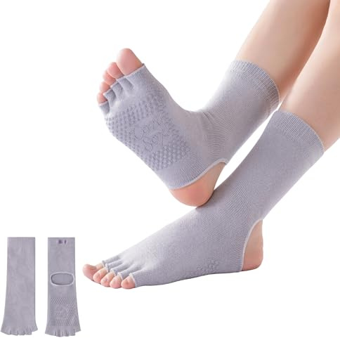CoziSox 2 Paires Chaussettes de Yoga Antidérapantes à Orteils, Orteils Ouverts Talon Ouvert avec Semelles Silicone Respirantes, Yoga Pilates pour Femmes en Coton Taille Unique EU 35-42, Gris