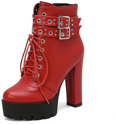 JMdfcqer Mode Bottines à Talons Hauts pour Femme Fermeture Éclair Plateforme Bottes avec Clous et Boucle à Bretelles,Rouge,38 EU