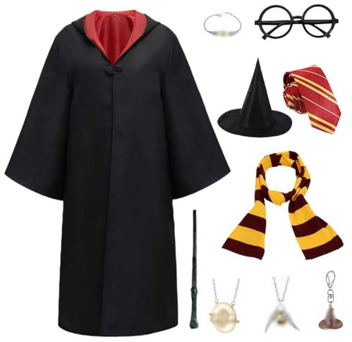 ZHYUGOYA Costume Magicien Enfant, Deguisement Sorcier avec 9 Pièces Accessories, Unisex Déguisement Magicien Kit pour Carnaval Halloween Cosplay (155cm)