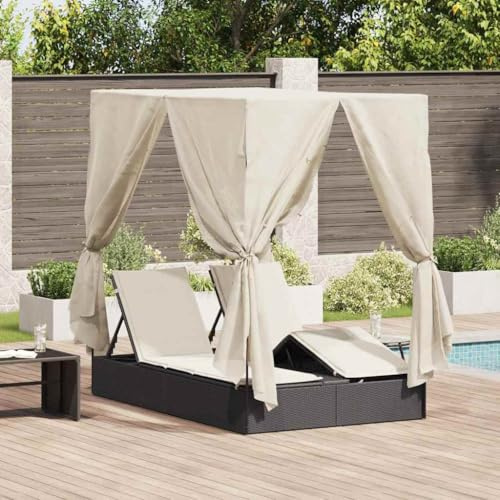 Nqyjm Bain de Soleil avec Deux Côtés Réglable, Transat Double avec Toit Noir 205 x 129 x 200 cm Rattan PE Chaise Longue d'extérieur, Transat de Plage pour Jardin, Terrasse