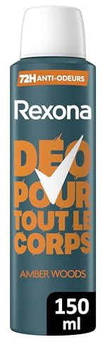 Rexona Men - Déodorant Spray pour Tout le Corps - Amber Woods - Protection Anti‑Odeurs 72h - Sans Alcool - Anti‑Traces - Utilisable Aisselles, Corps & Zones Intimes - Fraîcheur Durable -150 ml