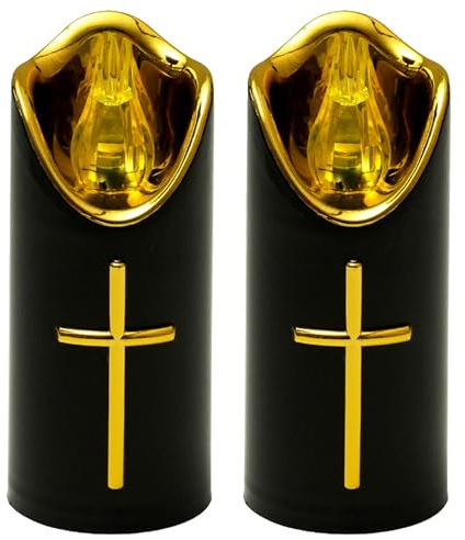 Yeaxxsqy Grave Decorations for Cemetery, 2 Pack Grave Lights, Memorial LED Candles with Gold Cross, Battery-Powered Cemetery Candles for Outdoor Decorations, Black