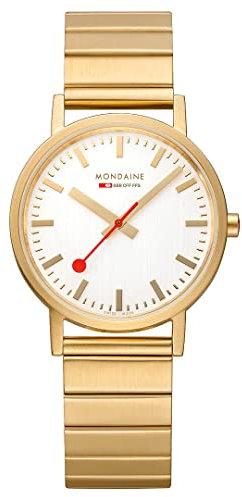 Mondaine - Classic A660.30314.16SBM - Herren Uhr und Damen Uhr 36mm - Bahnhofsuhr in Gold Edelstahl Armband - 30m Wasserdicht rotem Sekundenzeiger - Hergestellt in der Schweiz