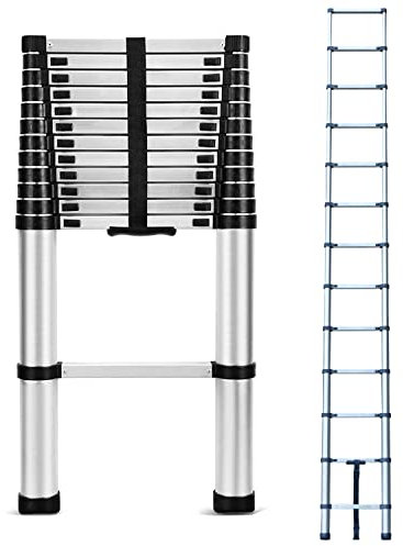 3.8M Telescopic Ladder Foldable Telescoping Extension Ladder Loft Ladder 150kg Load, 12.5FT Stainless Steel Telescoping Ladder for Cleaning Gutter, Housework EN131